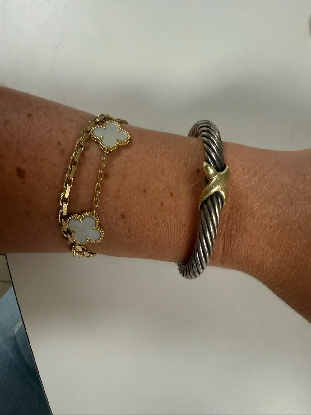 David Yurman Silver Cable Cuff Bracelet with Gold X Accent - Picture 2 of 7